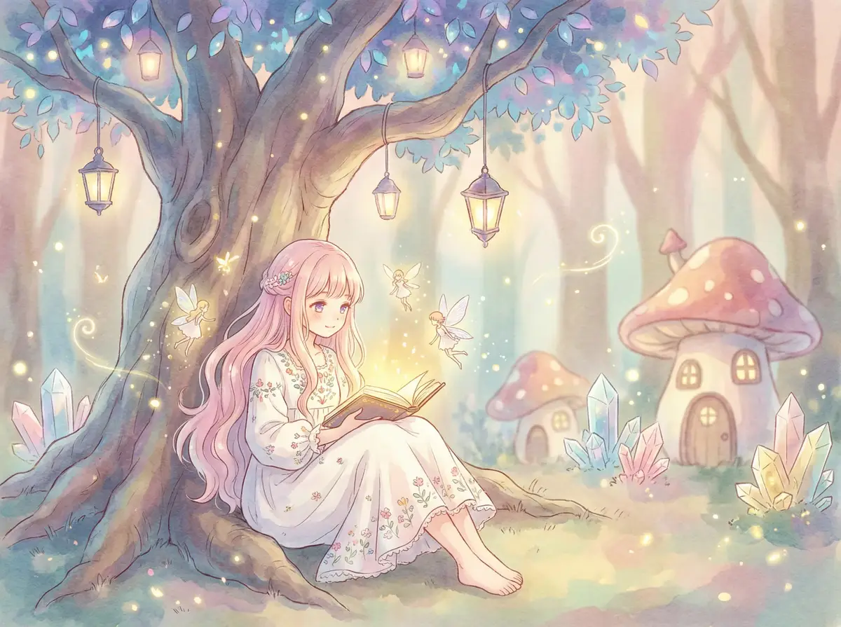 欧美成在线手机版 - 魔法森林中阅读故事书的粉发少女与精灵